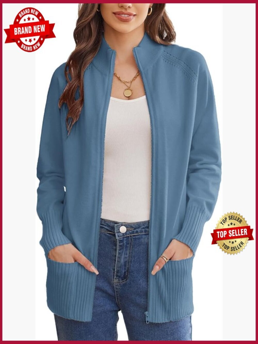 Long Sleeve Zip Up Knit Cardigan with Pockets Stand Collar Full Zip Sweater